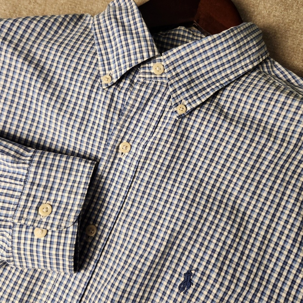Ralph Lauren Button Down Mens 17 Blue White Gingham Classic Fit Long Sleeve